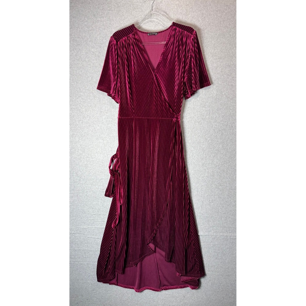 Simplee Plus Velvet Dress Wrap Hi-Low Pleated Burgundy‎ 2XL